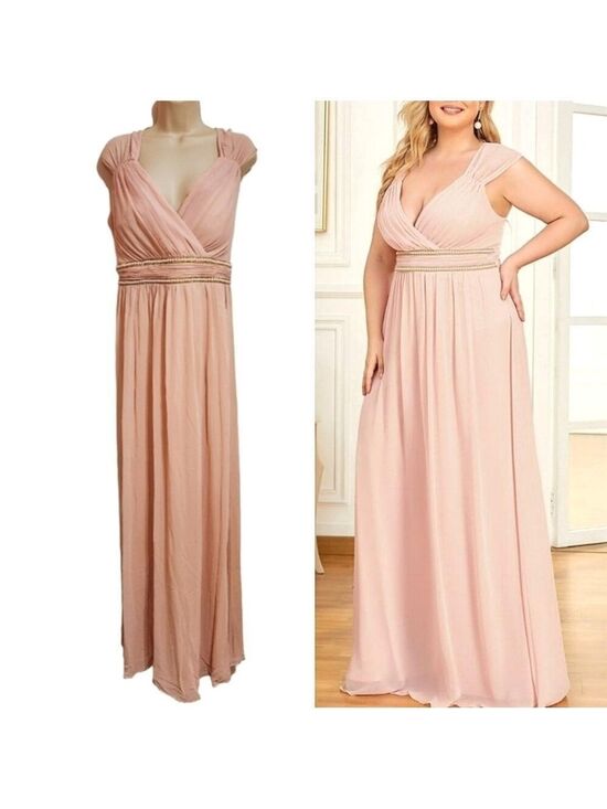 Ever Pretty Dresses & Skirts - Ever Pretty Pink Chiffon Beaded Belt V Neck Maxi Dress Size 20